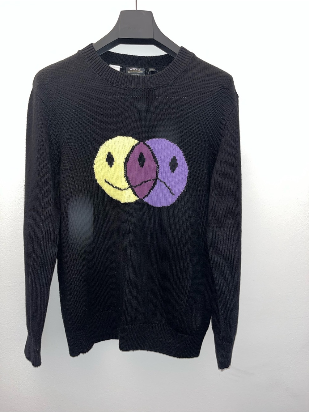 Wesc Black Crewneck Sweater with Yellow and Purple Smiley Motifs